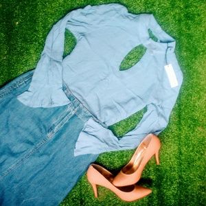NWT Blue blouse long sleeved ruffle top size L